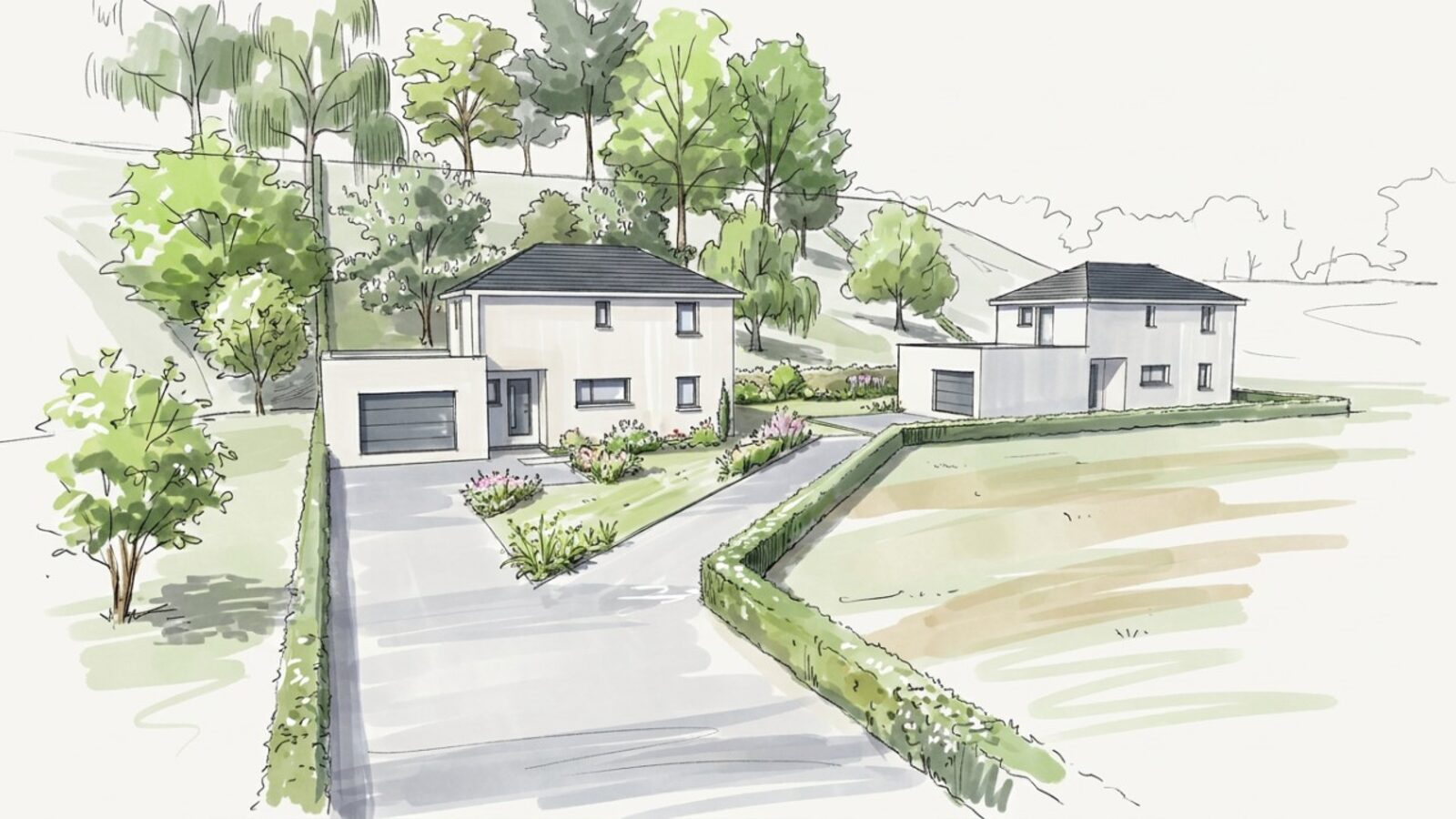 Illustration de deux maisons neuves sur leurs terrains arborés, rue de la Charité à Thaon-les-Vosges.