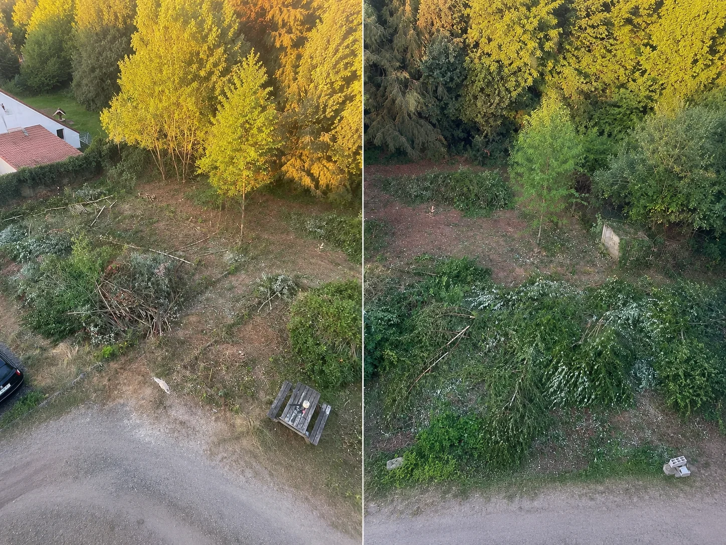 Vue aérienne du terrain — avant et après débroussaillage.